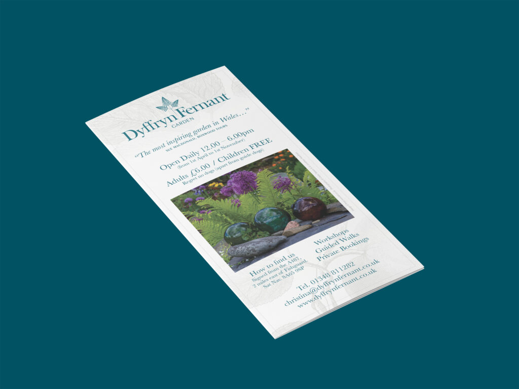 A teal background with a white leaflet with the garden's brand identity featured throughout; a teal version of the logo and an image from the garden