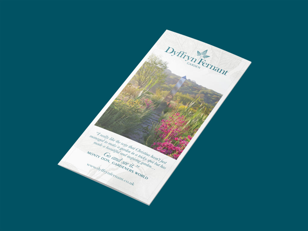 A teal background with a white leaflet with the garden's brand identity featured throughout; a teal version of the logo and an image from the garden