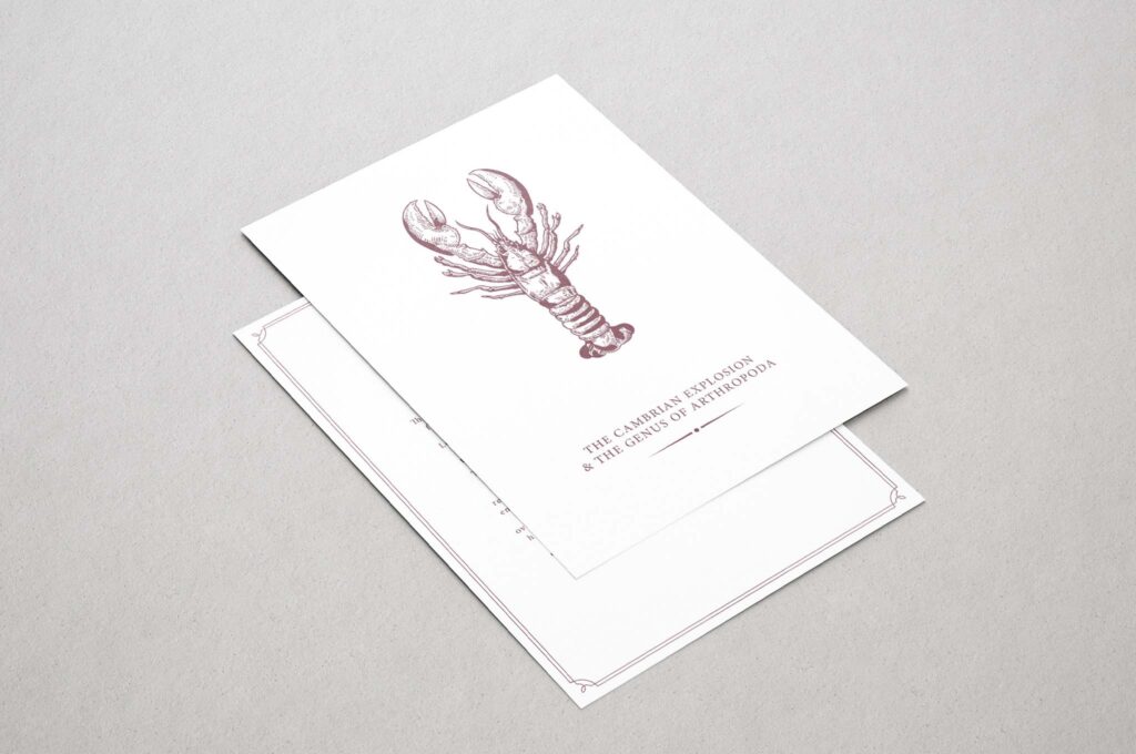 Two sides of a card with a red lobster illustration
