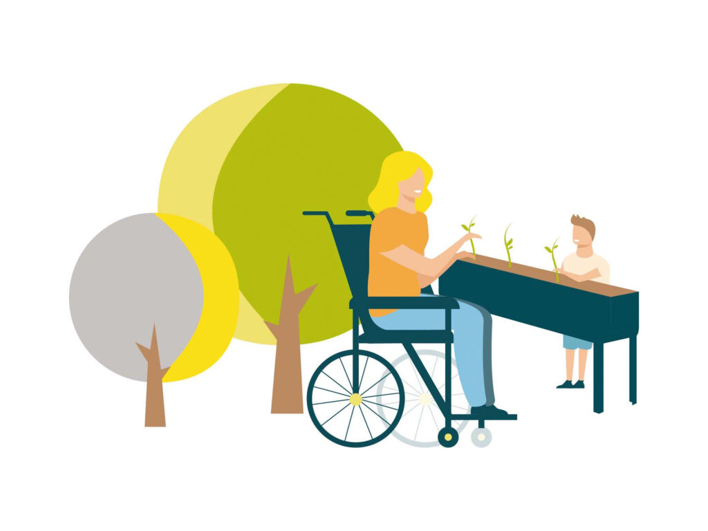 A vector illustration of a woman in a wheelchair gardening with a child using dark teal, vibrant yellow, green and orange colours