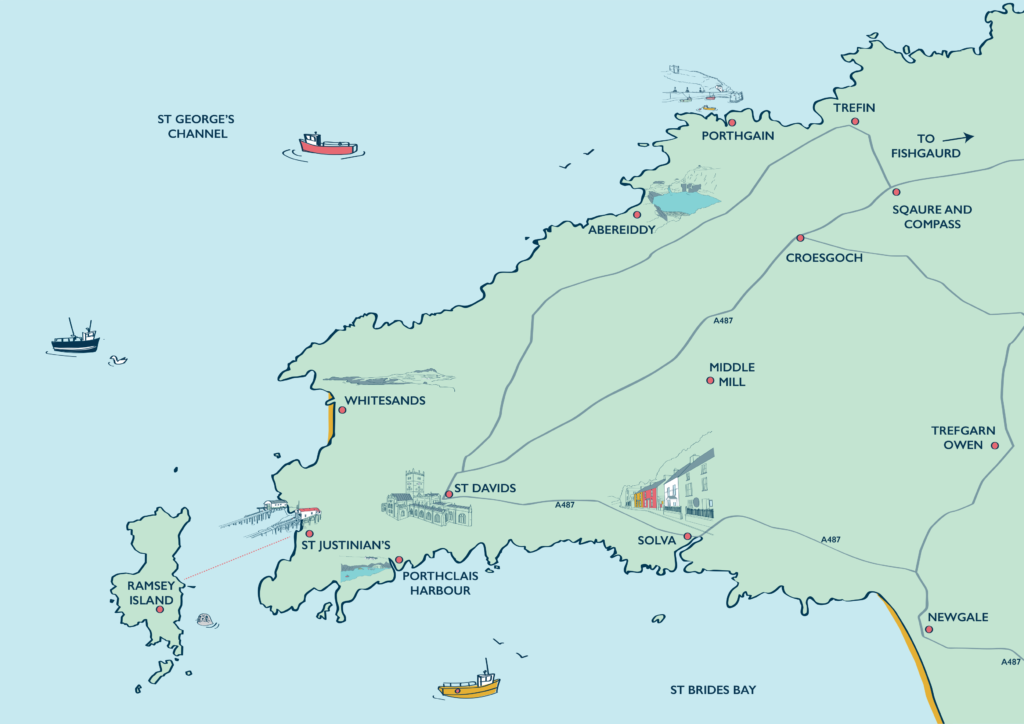 An illustrated map using the branding colours we created for this holiday home company, featuring a light blue sea and light green land marking out Pembrokeshire points of interest