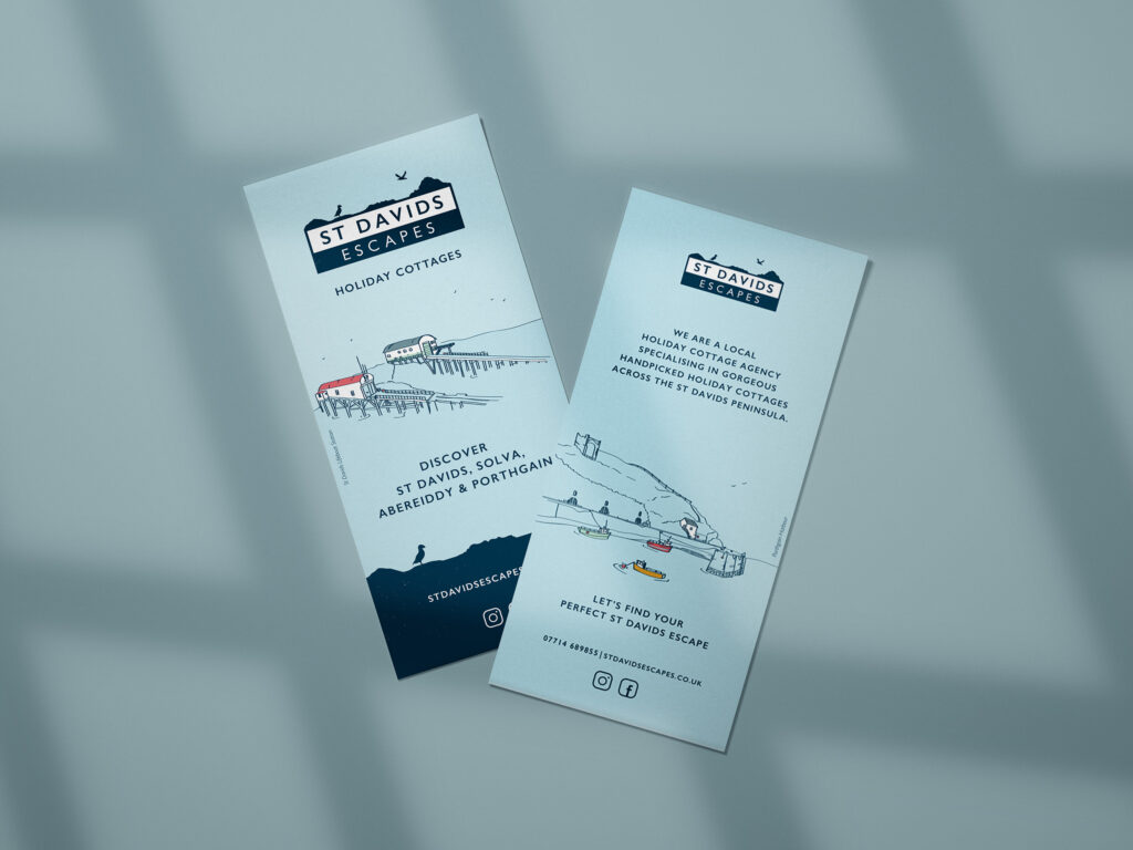 Two sides of a vertical leaflet with a light blue background and outline illustrations of locations in Pembrokeshire with the St Davids Escapes logo