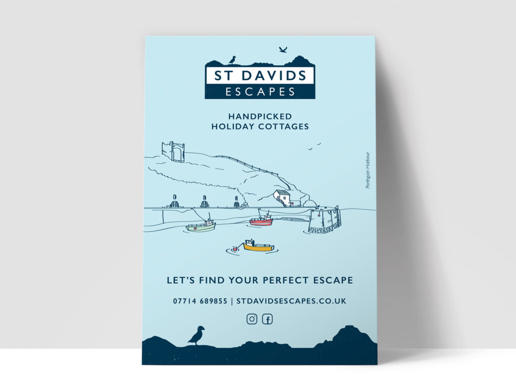 An A5 vertical flyer with a light blue background and outline illustrations of locations in Pembrokeshire with the St Davids Escapes logo