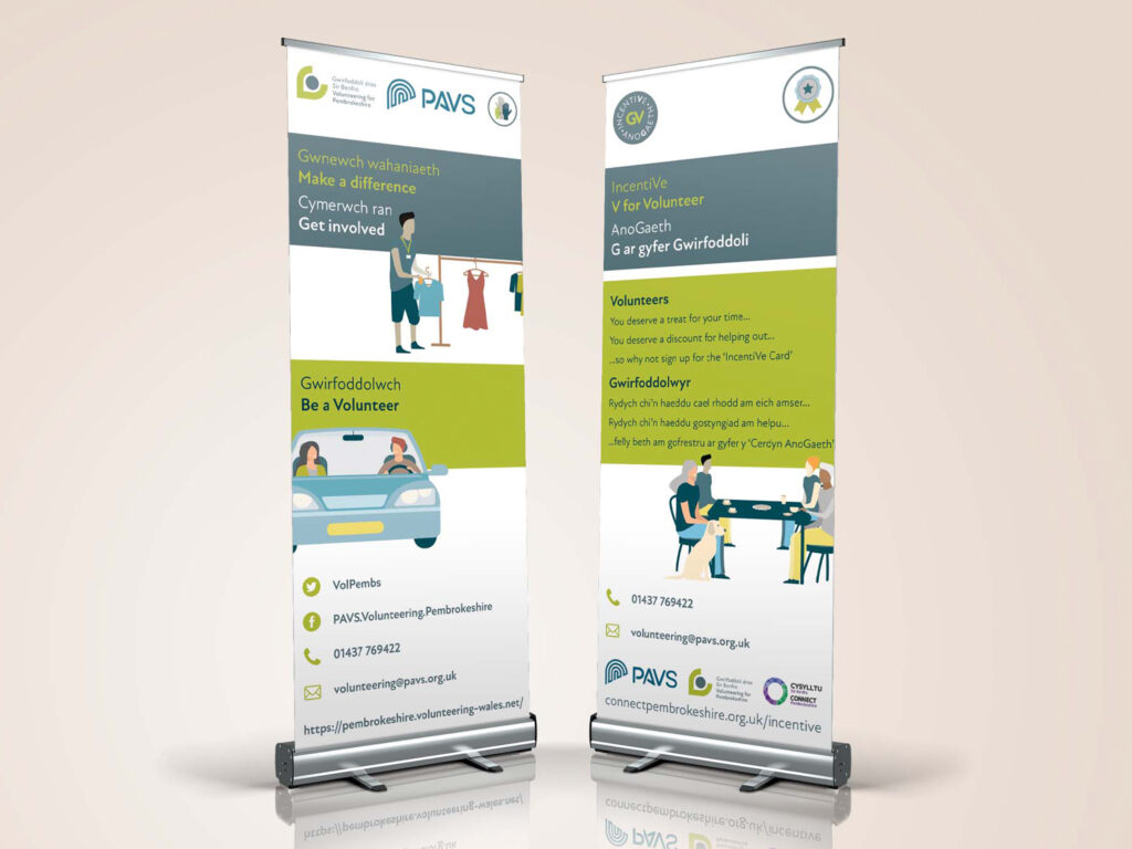 A pale peach background with two roller banners featuring the Volunteering for Pembrokeshire branding across it in lime green, smoky teal and white