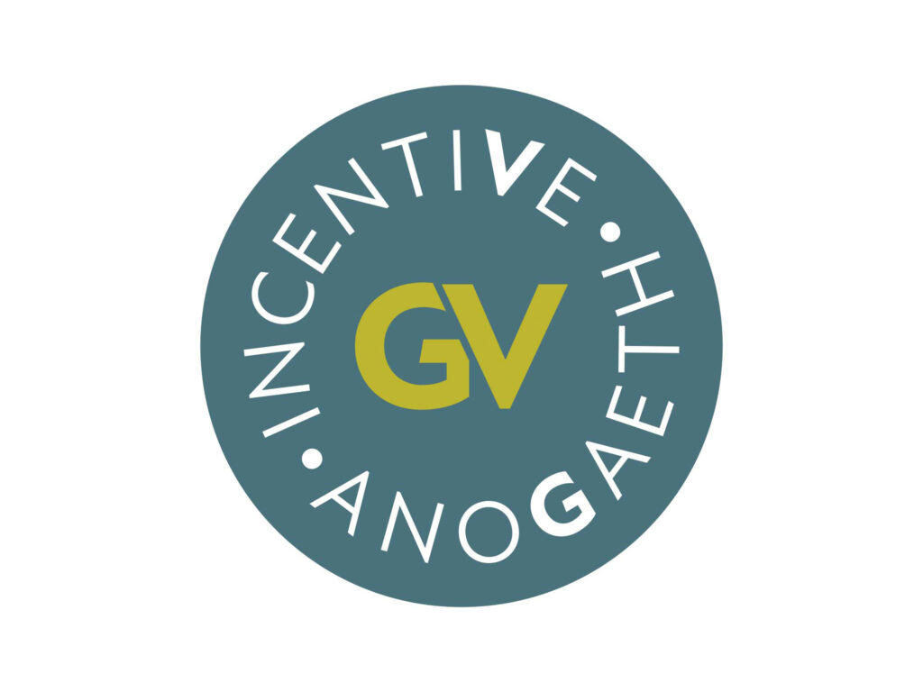 A round logo with a smoky teal background and 'GV' in lime green in the centre