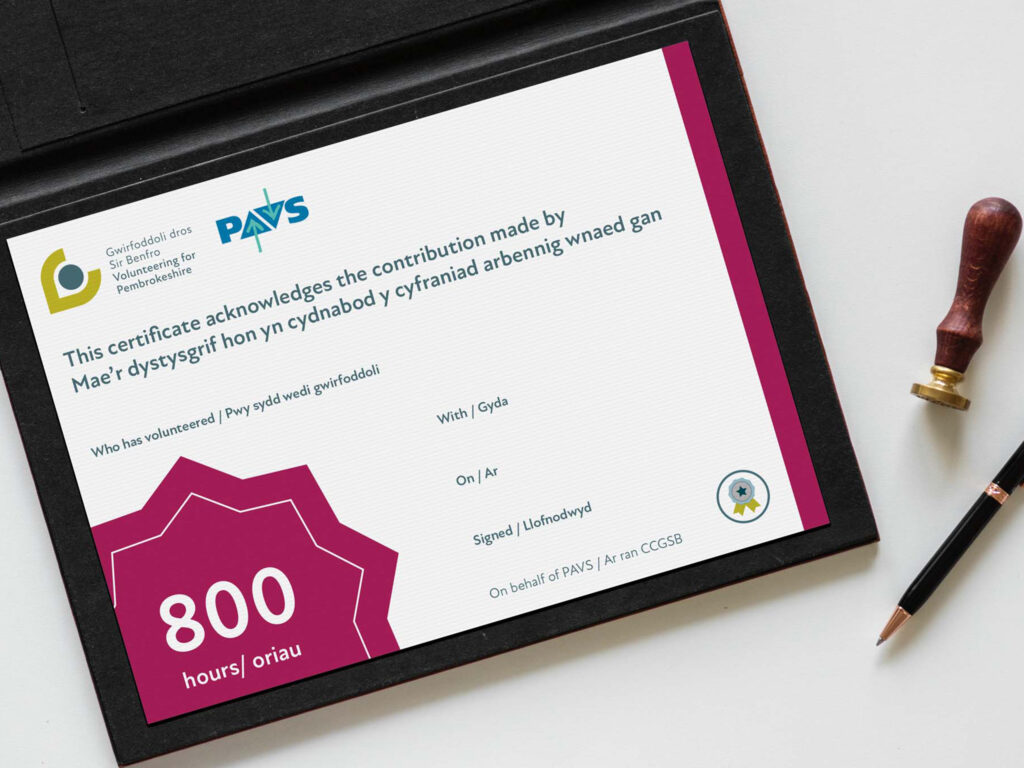 A certificate for Volunteering for Pembrokeshire
