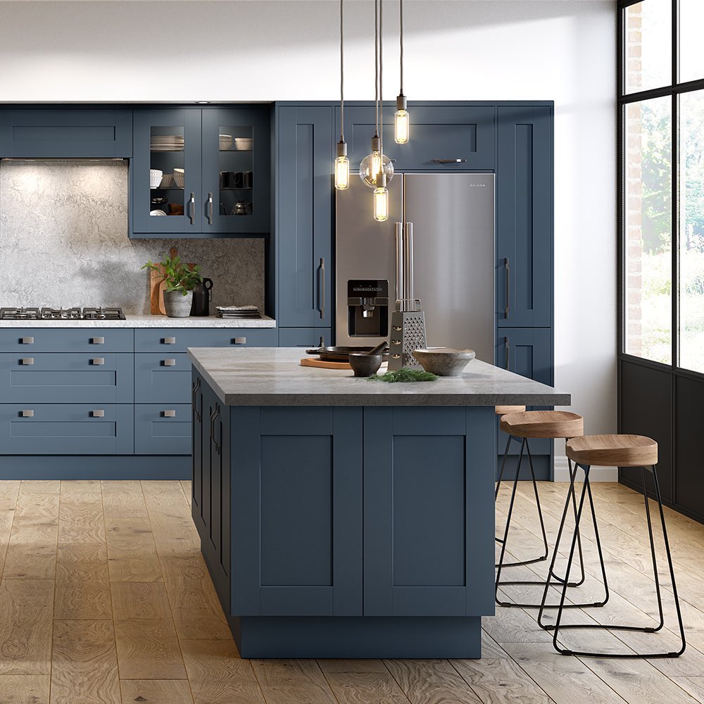 A modern smoky blue kitchen