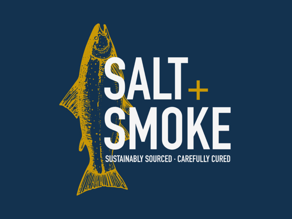 The Salt + Smoke logo on a navy background with gold salmon illustration and white text