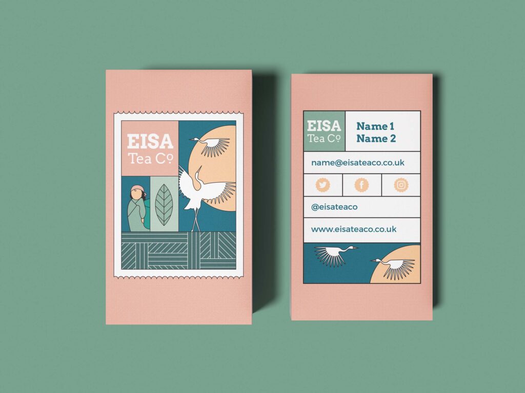 Front and back of an Eisa Tea Co. business card on a dark mint background, with the logo shown on the front