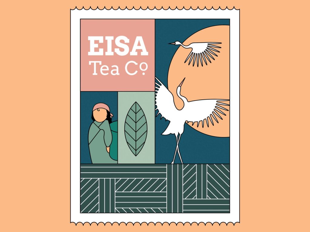 A peach background with the Eisa Tea Co. logo which is made to look like a stamp and features vector illustrations in white, teals and peachy pinks