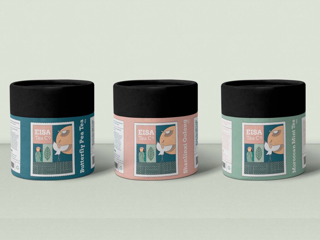 Three round tubs of tea on a pale mint background, each tub has the Eisa Tea Co. branding in the three main colours; peachy pink, dark teal, and mint