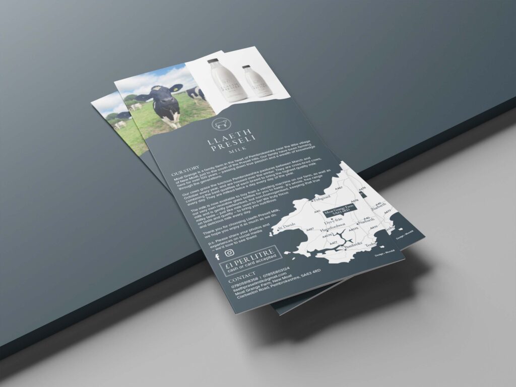 A stack of flyers in smoky dark blue with a white map of Pembrokeshire and a picture of a cow at the top