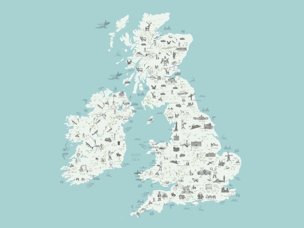 An illustrated map of the United Kingdom showcasing some of the luxury travel routes this company offers