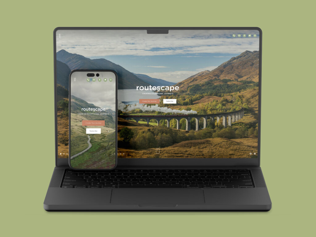 A green background with a macbook and an iphone both with the landing page of this luxury travel brand's website