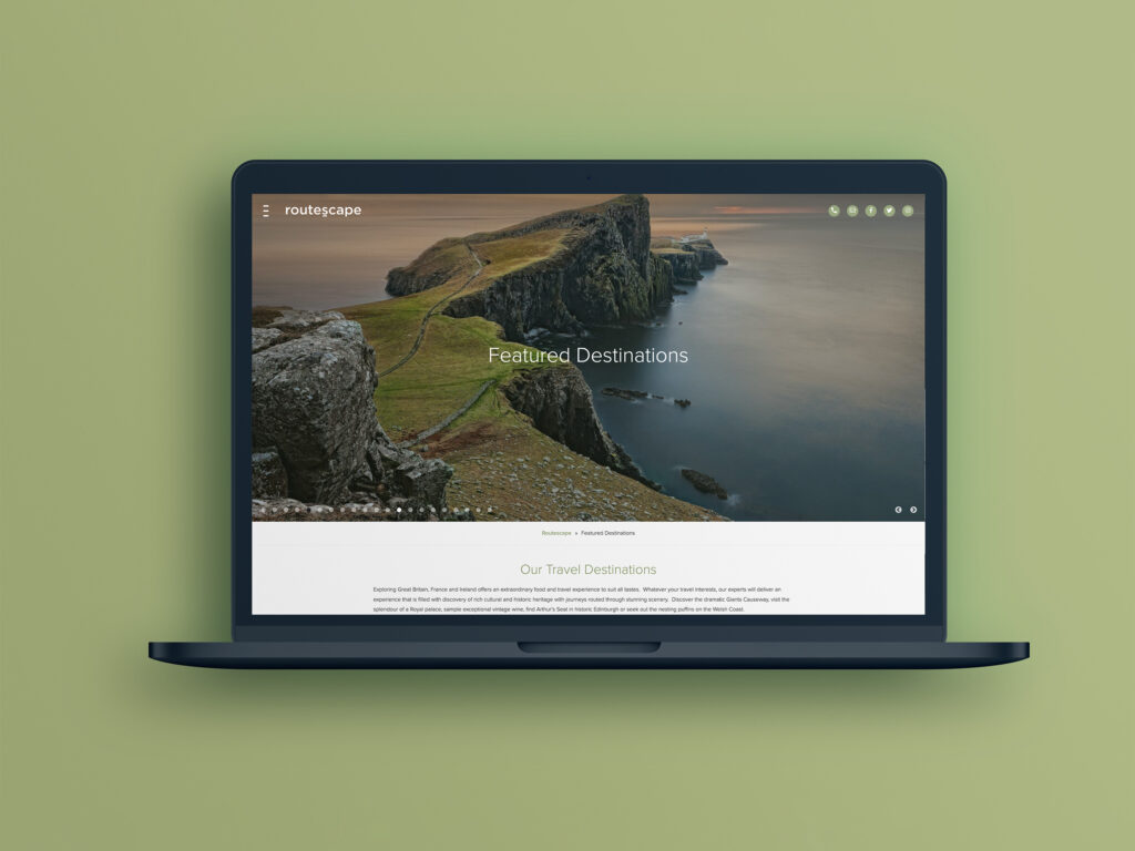 A green background with a macbook showing a webpage from Routescape's website