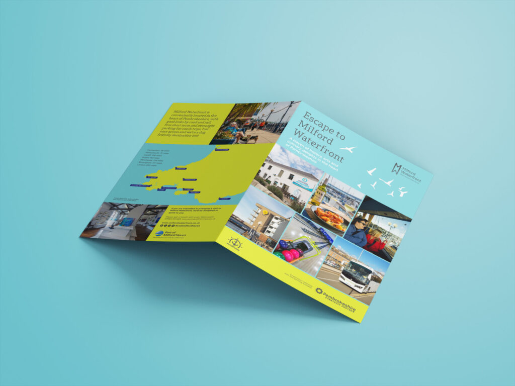 An outside view of a turquoise leaflet design with vibrant lime green and grey elements