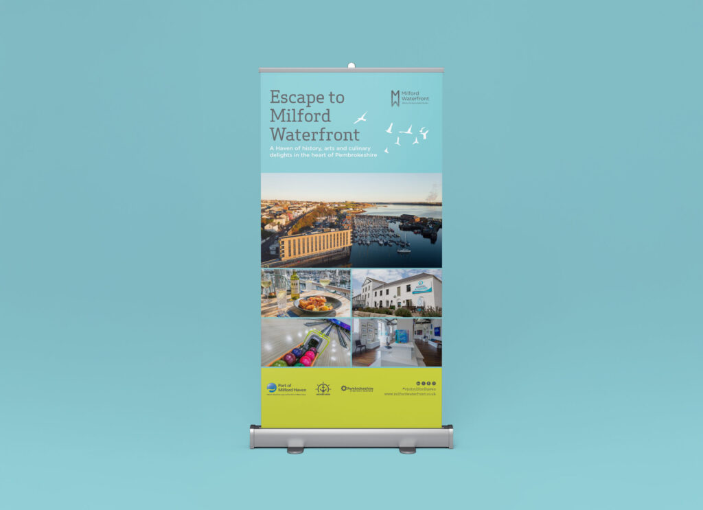 A roller banner with a large turquoise block at the top with the Milford Waterfront logo, some images of the location, and a lime green section at the bottom, all on a teal background