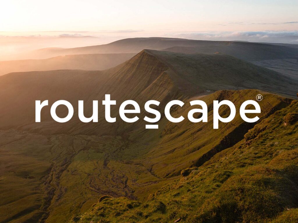 A landscape image of hills with the Routescape logo on top in white