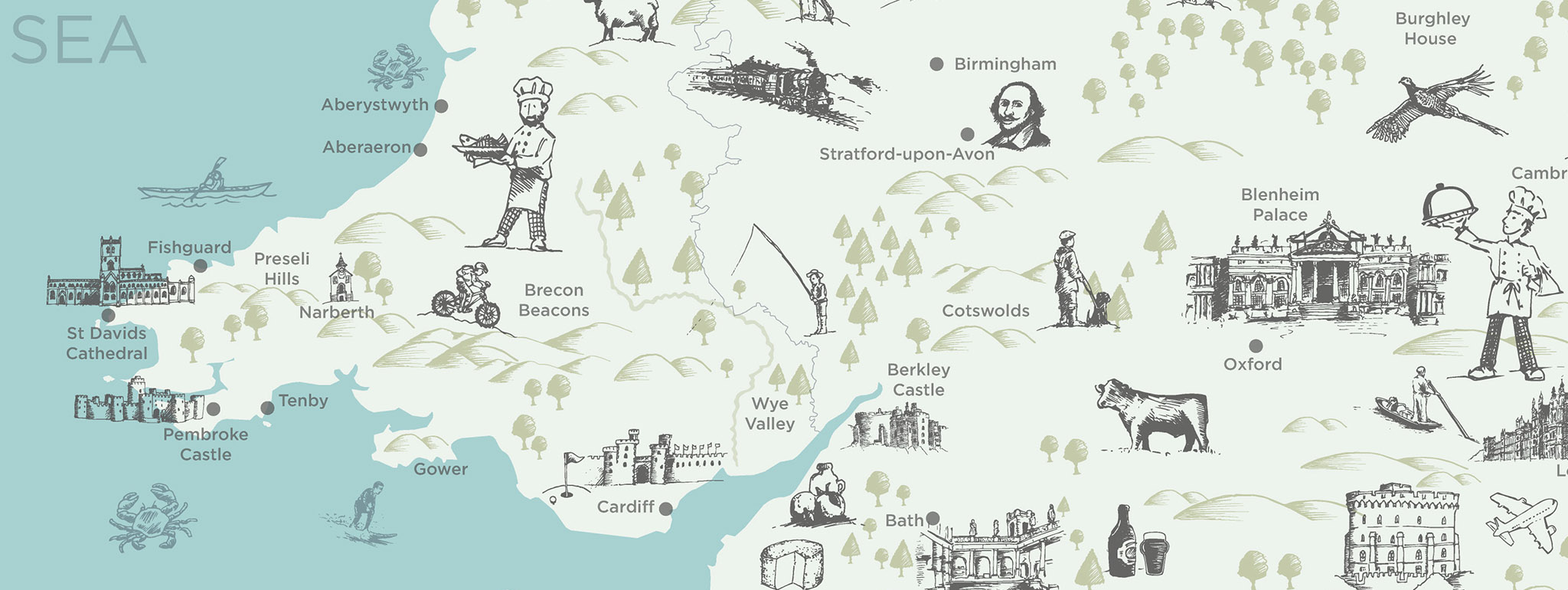 A close up of a hand illustrated map for this luxury travel company using their brand colours