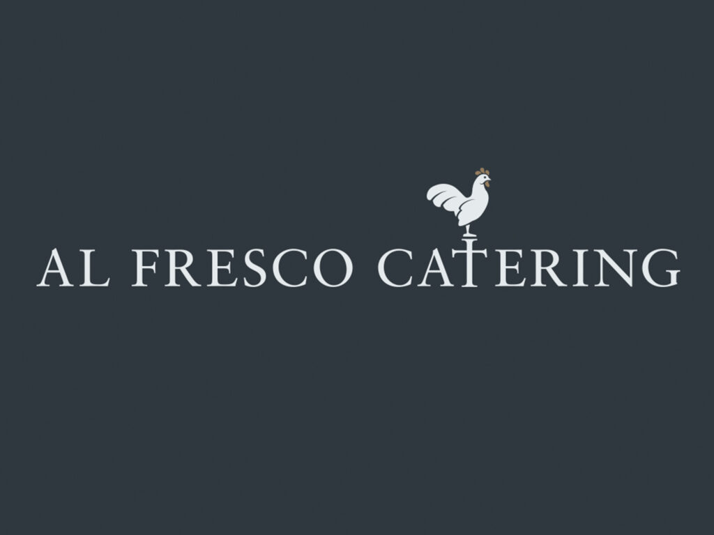 A dark grey background with the white 'Al Fresco Catering' logo with the white Castlemead branded cockrel
