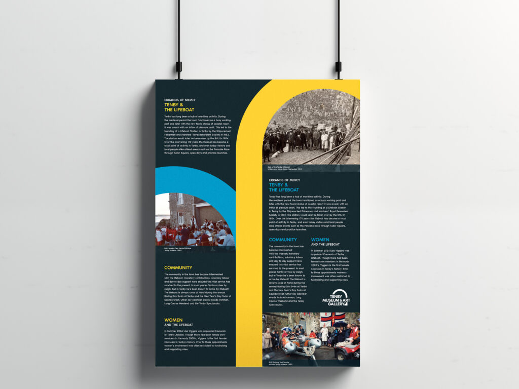 A museum exhibition board featuring the museum's branding design and imagery