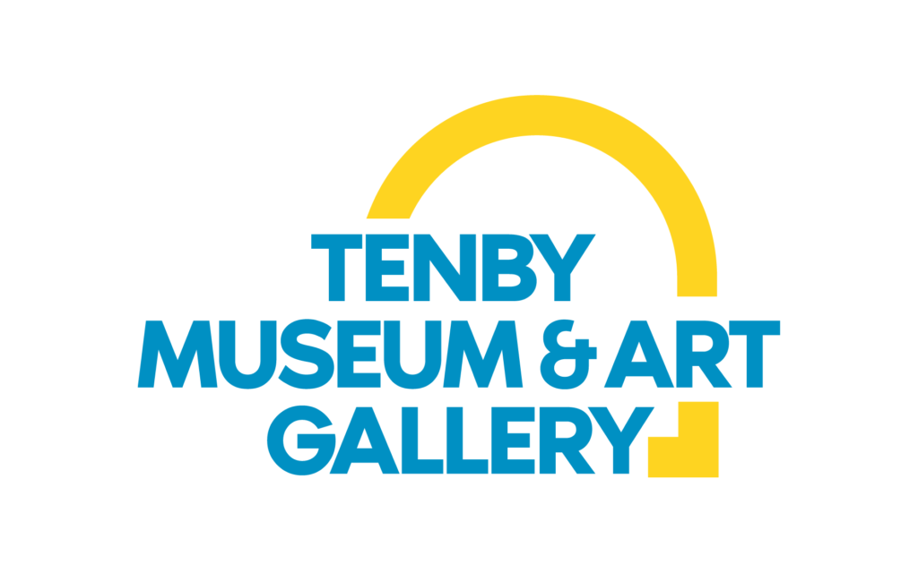 A white background with a yellow arch and blue text saying Tenby Museum & Art Gallery