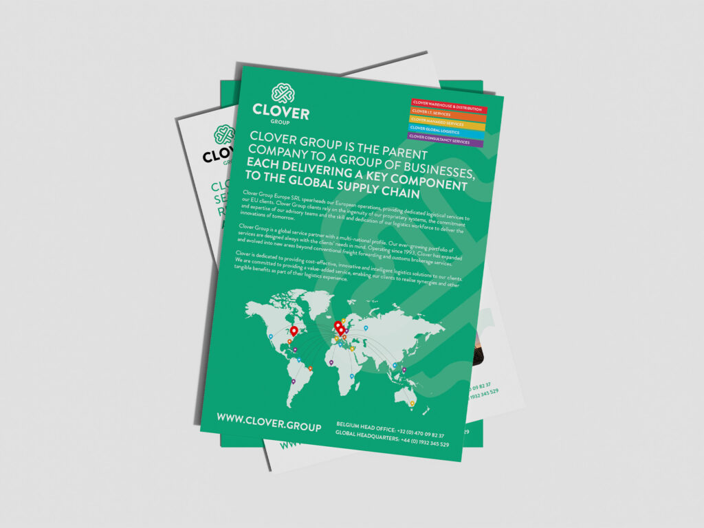 A stack of flyers featuring Clover Group's branding and the branded map