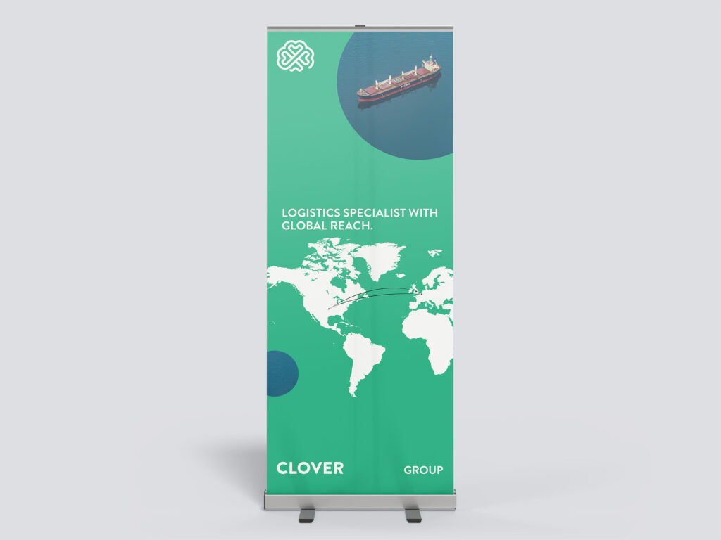 A roller banner featuring the Clover brand assets
