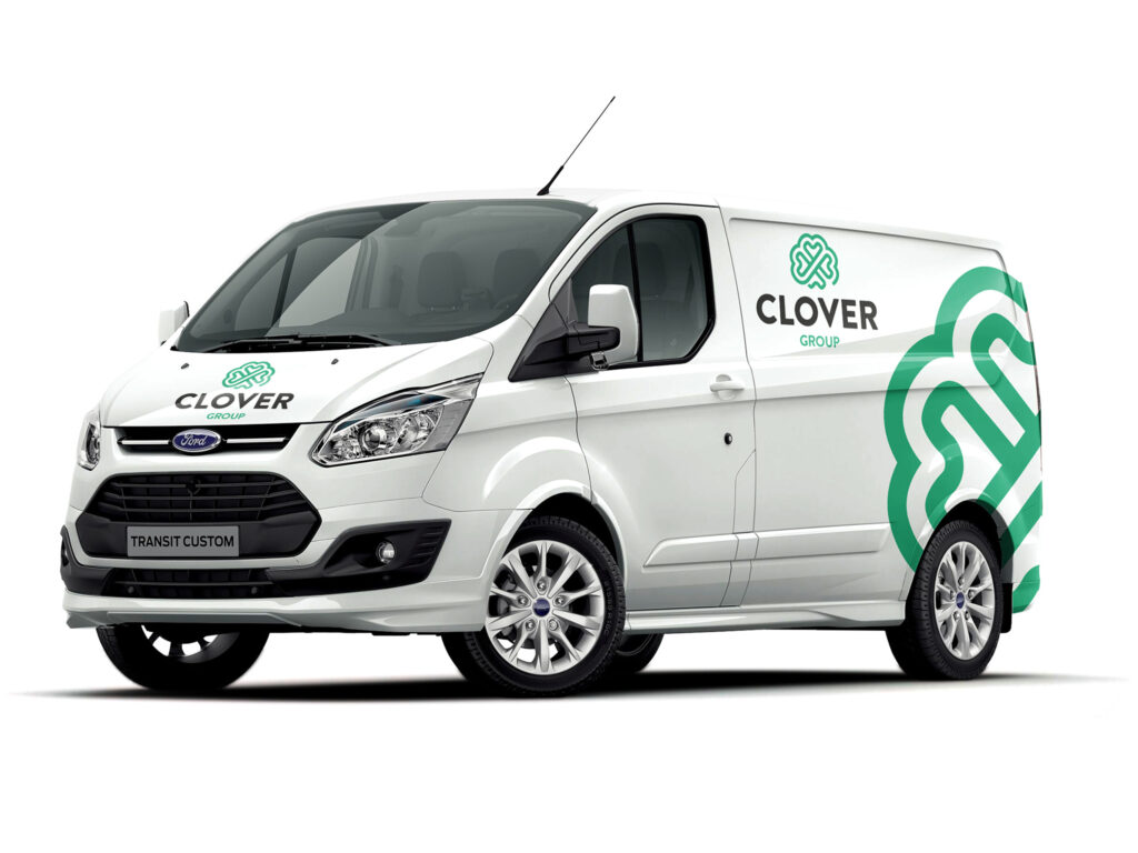 A white van on a white background with the Clover brand assets in green
