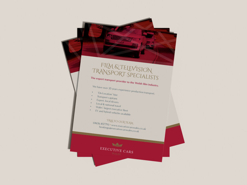 A flyer on a beige background featuring the brand colours and design elements throughout