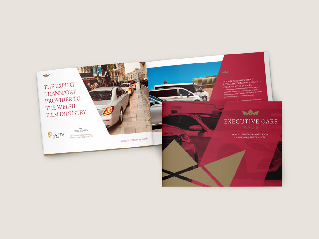 A brochure on a beige background featuring the brand colours and design elements throughout