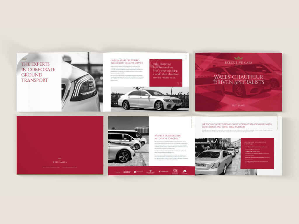 A brochure on a beige background featuring the brand colours and design elements throughout