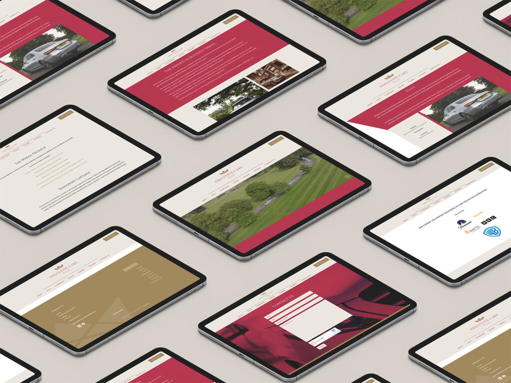 A flatlay of multiple ipads showing different webpages from Executive Cars Wales' new website