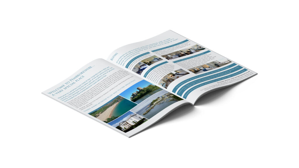 A white background with a brochure celebrating the offerings at Lamphey Court Hotel & Spa