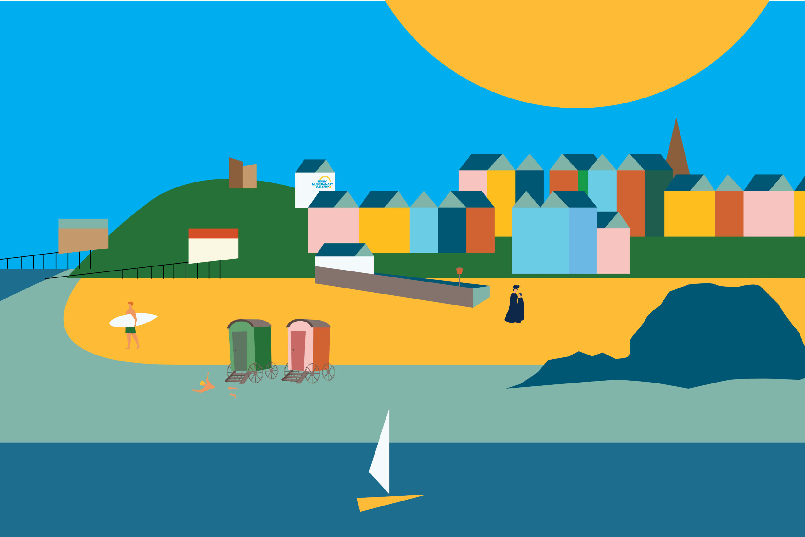 A vector illustration featuring Tenby Museum & Art Gallery brand design and elements referencing Tenby