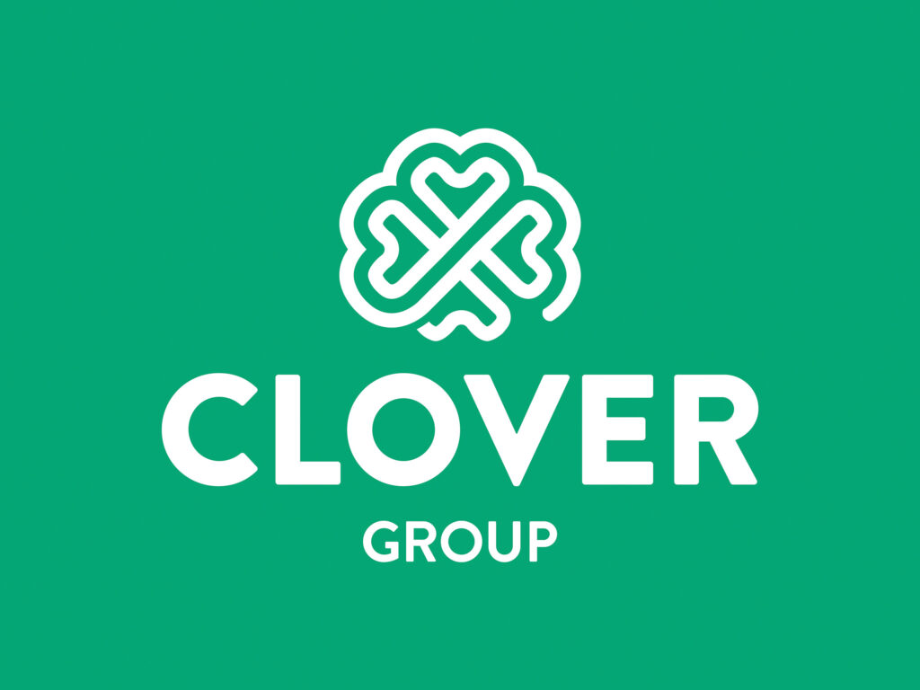 A green background with white logo featuring the Clover brand mark and Clover Group text