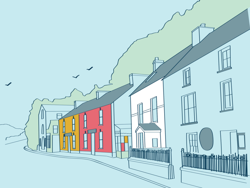 An outlined illustration of Solva in Pembrokeshire feauting a light blue background, navy blue lines, pale green hill, and three of the houses coloured in white, red, and mustard