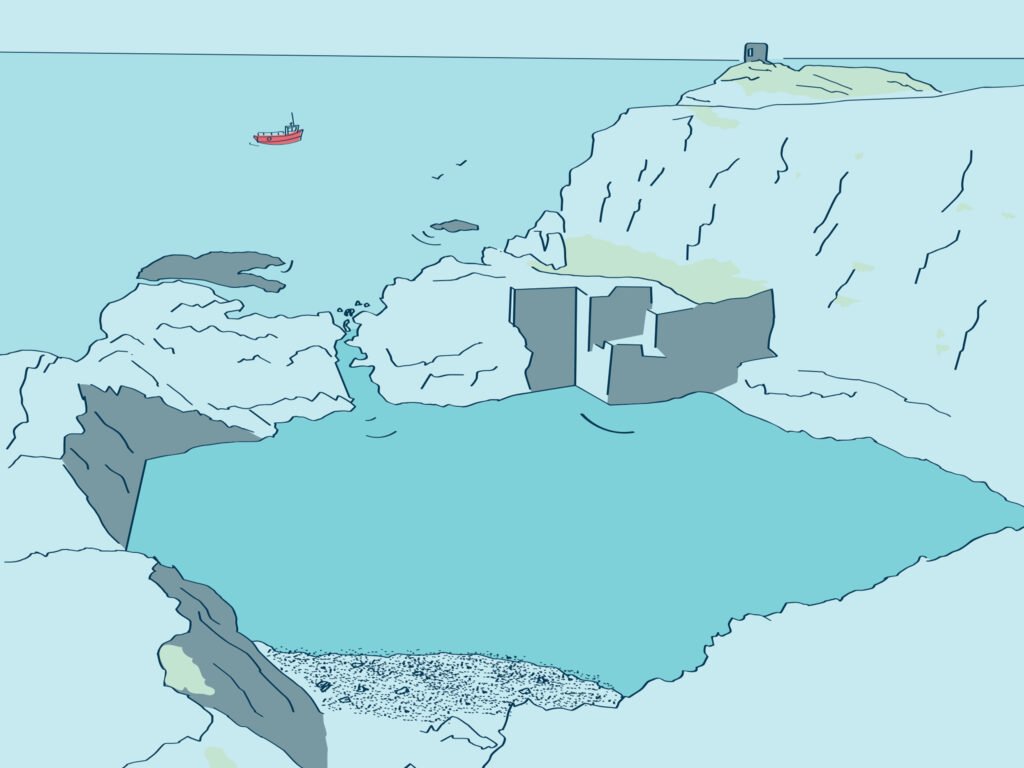 An outlined illustration of Blue Lagoon in Pembrokeshire feauting a light blue background, navy blue lines, pale green grass, and more vibrant blue sea