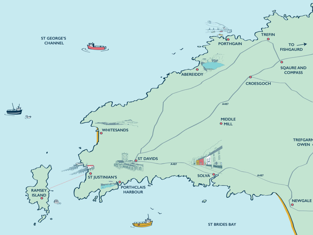 An illustrated map using the branding colours we created for this holiday home company, featuring a light blue sea and light green land marking out Pembrokeshire points of interest