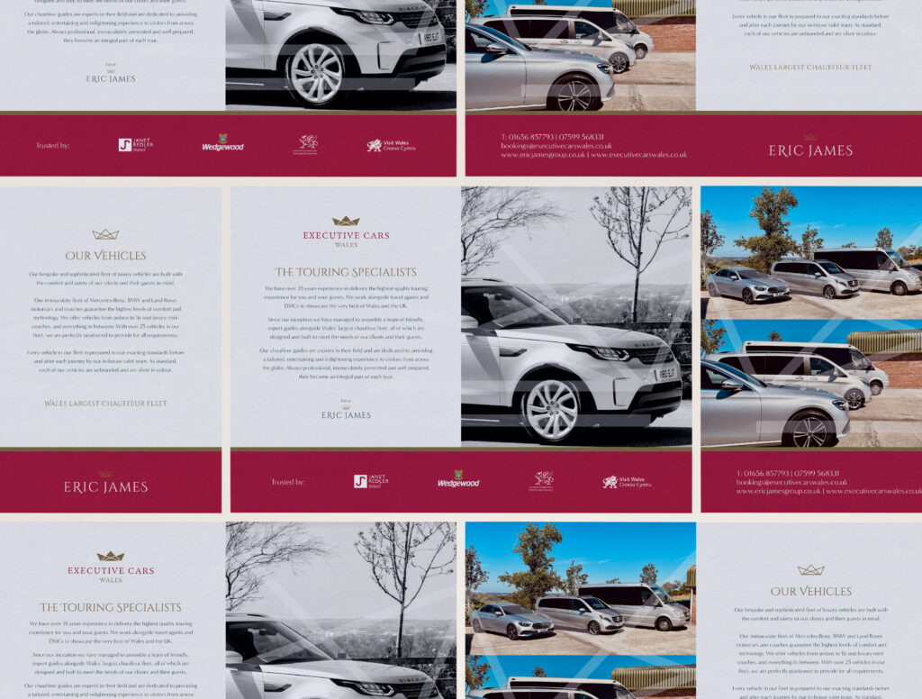 Multiple images of a flyer on a beige background featuring the brand colours and design elements throughout