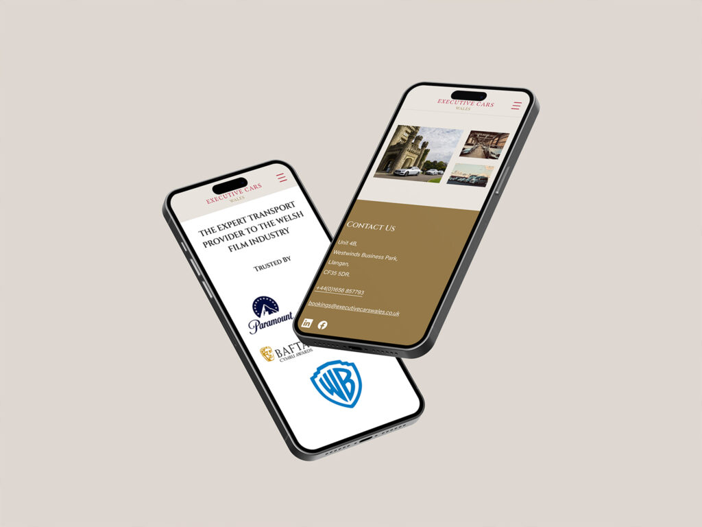 Two iphones showing different webpages from Executive Cars Wales' new website