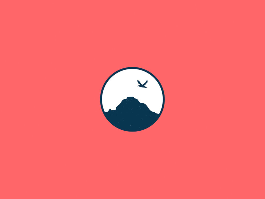 A coral coloured background with the holiday home's brand mark; a white circle with navy blue outline and navy blue mountain and bird silhouettes