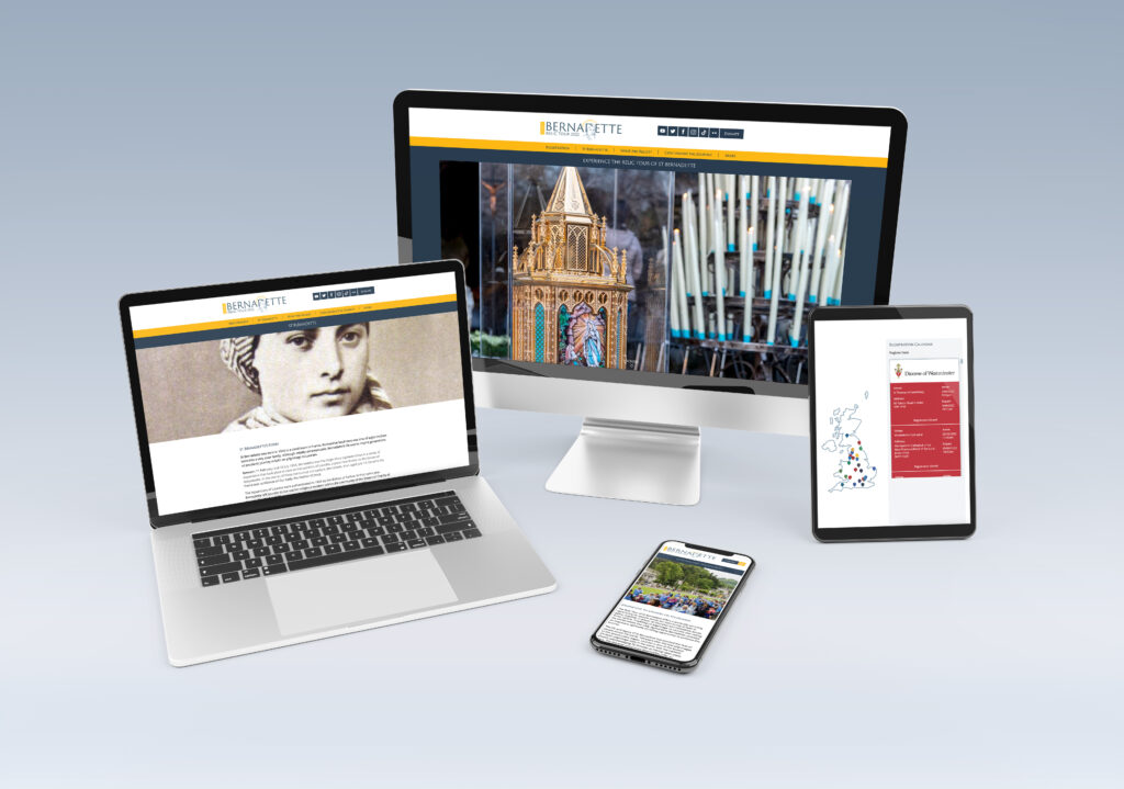The Saint Bernadette Relic Tour 2022 website shown across an imac, macbook, ipad and iphone