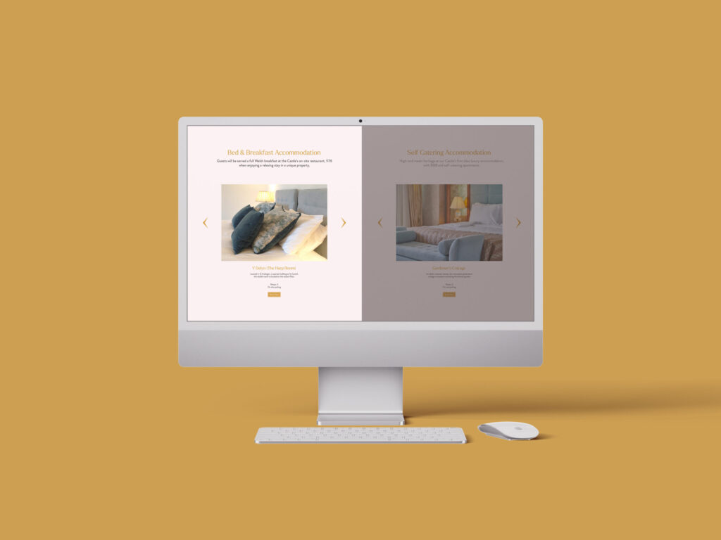 A golden yellow background with an imac showcasing the stay page from the Cardigan Castle website
