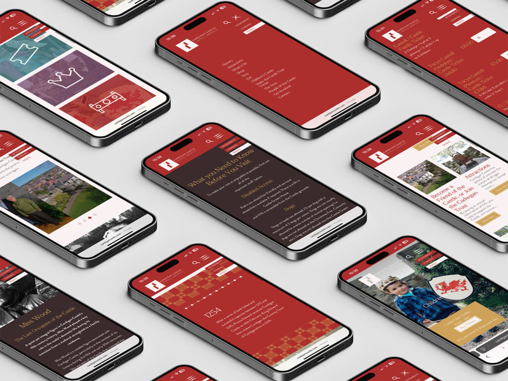A flatlay of multiple iphones showing different pages on the Cardigan Castle website