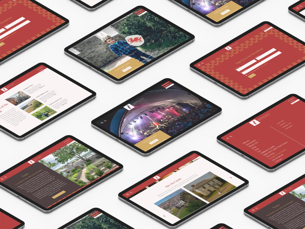 A flatlay of multiple ipads showing different pages on the Cardigan Castle website