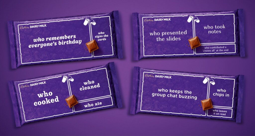 A top down image of Cadbury bars laying on a purple background