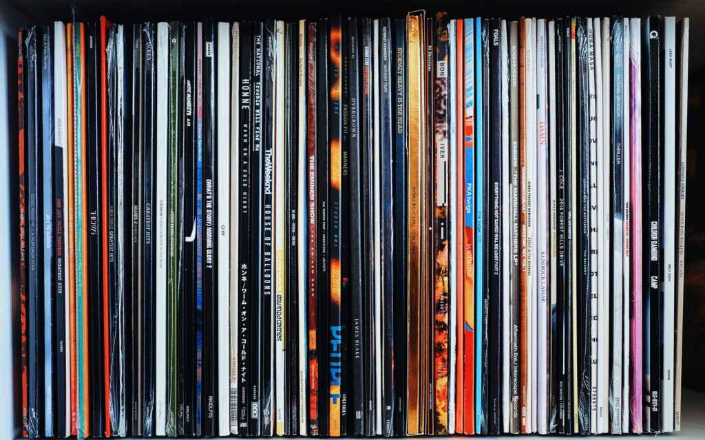 A shot of multiple records standing upright