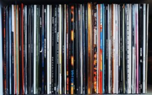 A shot of multiple records standing upright