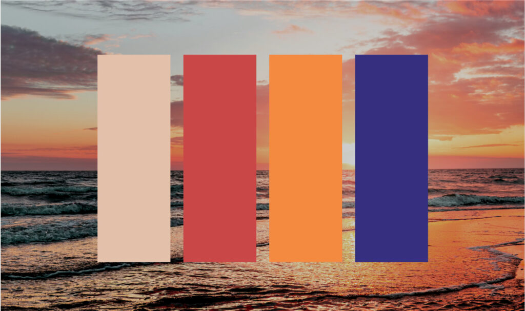 Four colour swatches in light sand, muted rust, yellow-orange, and deep purpley blue over an image of an orange sunset